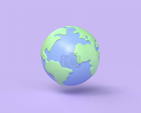 Foto de 3d planeta tierra icono en estilo de dibujos animados. Concepto para el Día del Planeta Tierra o Día del Medio Ambiente. ilustración aislada sobre fondo púrpura. renderizado 3d - Imagen libre de derechos