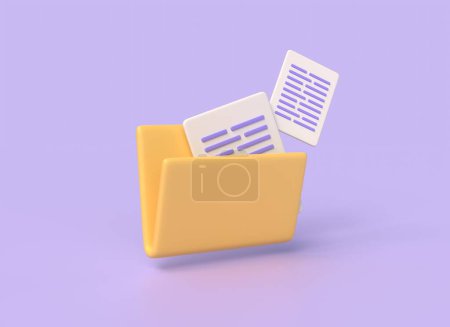 Les fichiers ou documents 3d sortent du dossier jaune. concept de transfert de fichiers sécurisé et stockage.illustration isolé sur fond violet. Rendu 3d