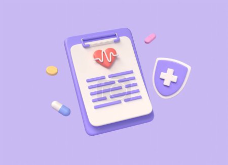 3d form or checklist of first aid drugs. shield, pills. medical examination at the doctor.illustration isolated on purple background. 3d rendering