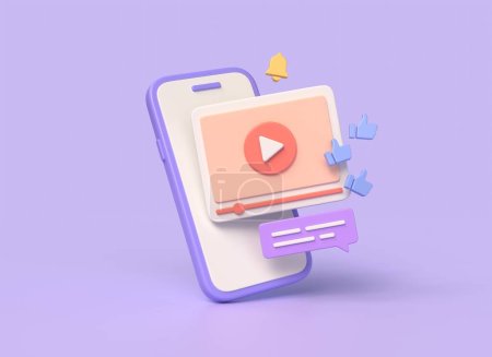 3d mobile phone and video player, comment, thumbs up cartoon style. online broadcasts in social networks. content monitization.illustration on a purple background. 3d rendering