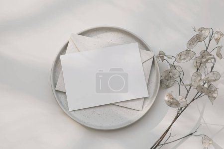 Neutral floral branding, wedding stationery. Blank greeting card, beige envelope mock up. Dry lunaria annua, on speckled ceramic plate in sunlight. White table background, long shadows. Flat lay, top.