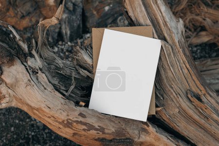 Photo for Summer, seashore blank greeting card mock up with craft envelope and drift wood. Paper invitation, stationery on pebbles beach. Old wood over gravel, blurred sand background, flat lay top view. - Royalty Free Image