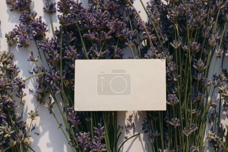 Photo for Blank business card mockup. Paper textured wedding invitation on blooming purple lavender flowers. Beige table background, sunlight. Shadows overlay. Moody summer floral web banner, medicinal herbs - Royalty Free Image