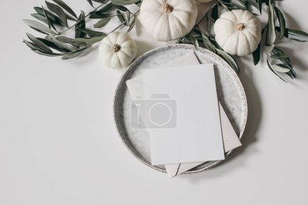 Photo for Thanksgiving, Halloween still life composition. Blank greeting, menu card. Invitation mockup. Ceramic plate, white little pumpkins, olive tree leaves and branches isolated on table background, flatlay - Royalty Free Image