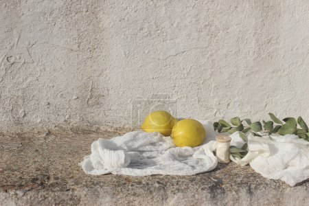 Photo for Wedding still life. Fresh lemons fruit, eucalyptus tree branches, ribbon and muslin textile in sunlight. White shabby old textured wall background. Vacation concept, Mediterranean summer banner. - Royalty Free Image