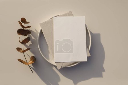 Photo for Neutral wedding stationery. Blank greeting card, envelope mockup in sunlight. Invitation, template on plate. Dry eucalyptus tree branch. Table background, shadows, floral composition. Flatlay, top - Royalty Free Image