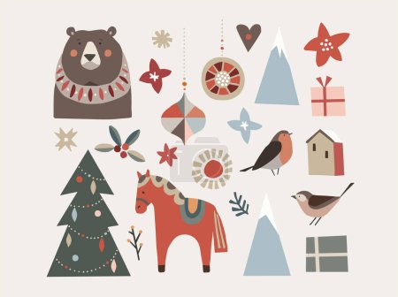 Ilustración de Set de animales escandinavos navideños y elementos naturales. Caballo de Dala, pinzones, osos, adornos navideños, árboles y flores. Casa con cajas de regalo. Diseño retro nórdico, ilustración vectorial aislada - Imagen libre de derechos