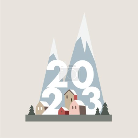 Illustration for Happy New Year 2023 greeting card, invitation. Poster, web banner with colorful houses, snow and mountains. Flat design, vector illustration. Architecture in winter, building estate concept. - Royalty Free Image