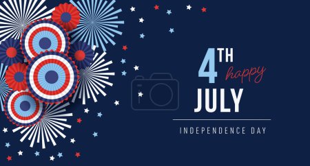 Photo for Happy Independence day, 4th July national holiday. Festive greeting card, invitation. Fireworks, party bunting decorations. USA flag colors. Blue vector illustration background, web banner, Memoria - Royalty Free Image