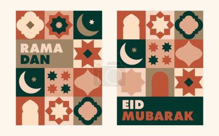Photo for Set of Ramadan Kareem greeting cards, posters. Festive web banners. Modern geometric flat design. Traditional ornaments, patterns. Eid Mubarak.. Crescent moon, vector illustrations backgrounds. - Royalty Free Image