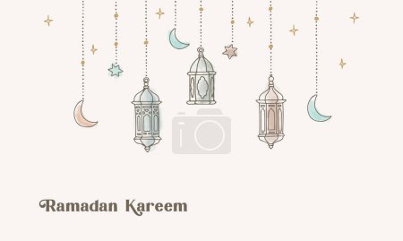 Photo for Garland with hanging colorful arab lanterns, stars, moon and lights. Greeting card, invitation for muslim holiday Ramadan Kareem. Party decoration, watercolor hand drawn vector illustration background - Royalty Free Image