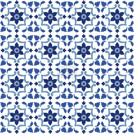 Photo for Hand drawn abstract floral seamless pattern. Poruguese Azulejo tile design. Print vector for rug, carpet, shawl. Decor of towel, textile, yoga mat. Traditional ornament, blue daffodil flower, paisley. - Royalty Free Image