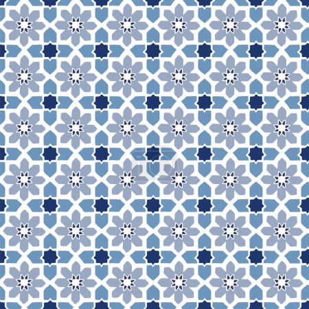Photo for Hand drawn stars shaped Moroccan seamless pattern for Ramadan Kareem greeting cards, islamic backgrounds, fabric. Kitchen bathroom floor. Blue Portuguese azulejo tile design, beautiful vector - Royalty Free Image