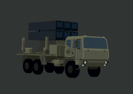 illustration of surface-to-air missile system with Ukrainian trident symbol isolated on grey 