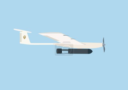 illustration of cartoon military drone with Ukrainian trident symbol and bomb isolated on blue 