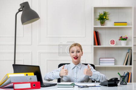 Photo for Secretary cute lovely blonde young girl in shirt in office with work load very cheerful - Royalty Free Image