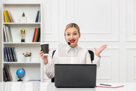Photo for Customer service cute blonde girl office shirt with headset and computer waving hands and smiling - Royalty Free Image