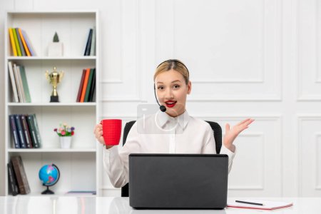 Photo for Customer service cute blonde girl office shirt with headset and computer waving hands excitingly - Royalty Free Image