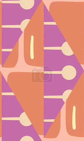 Motif vertical abstrait aux couleurs pourpre, orange et crème aux formes géométriques et aux éléments artistiques modernes pour un attrait visuel unique.