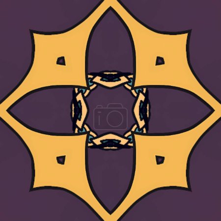 Ein stilisiertes, gelb auf lila geometrisches Muster, das ein kompliziertes und symmetrisches Design präsentiert und miteinander verbundene abstrakte Elemente präsentiert.