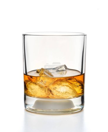 Photo for Clear image showcasing a glass of whiskey with ice, isolated against a white background, highlighting the golden color of the drink - Royalty Free Image