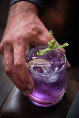 Téléchargez les photos : Une image en gros plan capturant l'allure d'un cocktail violet rafraîchissant orné d'un brin de menthe verte, tenu par une personne dans un cadre confortable et faiblement éclairé. - en image libre de droit