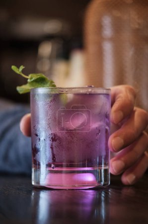 Téléchargez les photos : Une image en gros plan capturant l'allure d'un cocktail violet rafraîchissant orné d'un brin de menthe verte, tenu par une personne dans un cadre confortable et faiblement éclairé. - en image libre de droit
