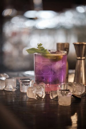 Photo for A close-up image capturing the allure of a refreshing purple cocktail adorned with a sprig of green mint, held by a person in a cozy, dimly lit setting. - Royalty Free Image