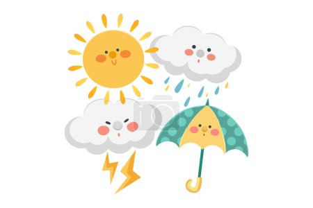 Illustration der lustigen Wolke, Regenschirm und Sonne. Saisonbedingtes Wetterbild