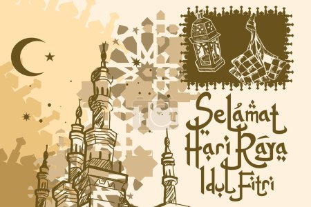 Translation: Happy Eid Mubarak. Selamat Hari Raya Idul Fitri. set of logo for Eid al-Fitr vector illustration. suitable for greeting card, poster and banner