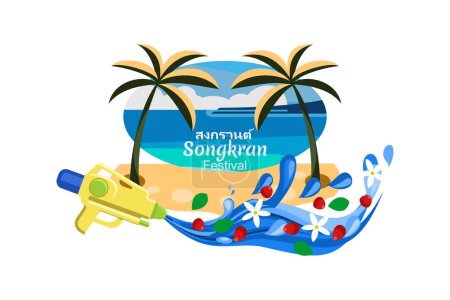Téléchargez les illustrations : Traduction : mouvement (songkran). Happy Songkran festival thailand, eau pistolet conception éclaboussure sur dessin illustration vectorielle de fond bleu d'été. Convient pour carte de vœux, affiche et bannière. - en licence libre de droit