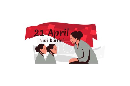 Traducción: 21 de abril, Feliz Día de Kartini. Ilustración vectorial. Adecuado para tarjeta de felicitación, póster y pancarta.