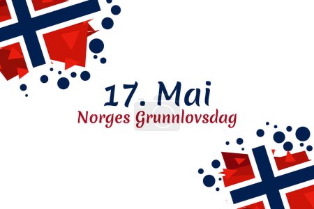 Traducción: 17 de mayo, Día Constitucional de Noruega. Ilustración vectorial. Adecuado para tarjeta de felicitación, póster y pancarta.