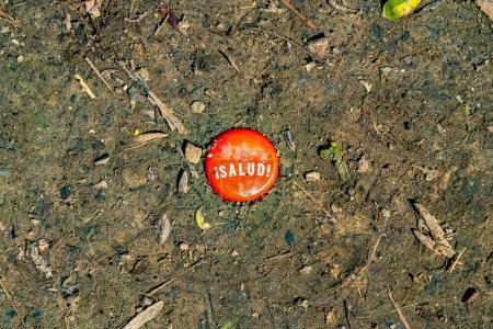 Foto de Tapa de botella de cerveza con la inscripción Salud medio enterrado en el suelo terroso con pequeños trozos de madera, redondos, de color rojo, día soleado en la naturaleza - Imagen libre de derechos