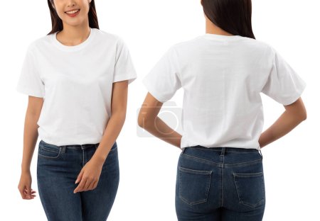 Téléchargez les photos : Jeune femme en T-shirt blanc mockup isolé sur fond blanc avec chemin de coupe. - en image libre de droit