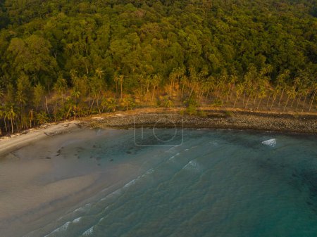 Téléchargez les photos : Vue aérienne par drone d'une belle plage avec de l'eau de mer turquoise et des palmiers du golfe de Thaïlande. Île de Kood, Thaïlande. - en image libre de droit