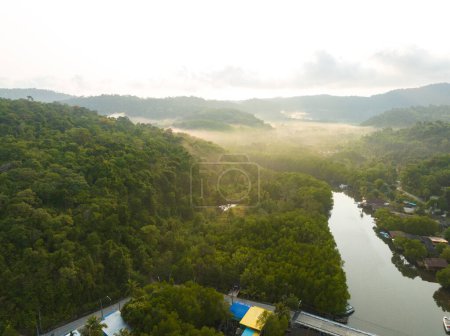 Téléchargez les photos : Vue aérienne de drone de beau canal avec jungle d'arbres du golfe de Thaïlande. Île de Kood, Thaïlande. - en image libre de droit