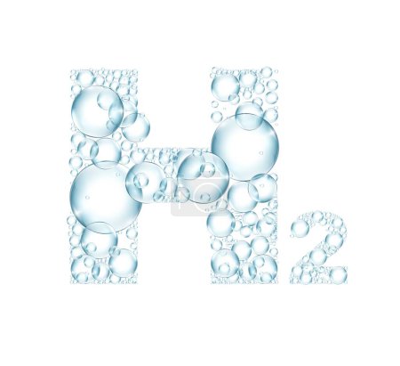 Ilustración de H2 symbol made from bubbles. Blue hydrogen production. Ecological energy with zero emissions. Creative typography. Vector illustration with transparent letter. Scientific element. - Imagen libre de derechos