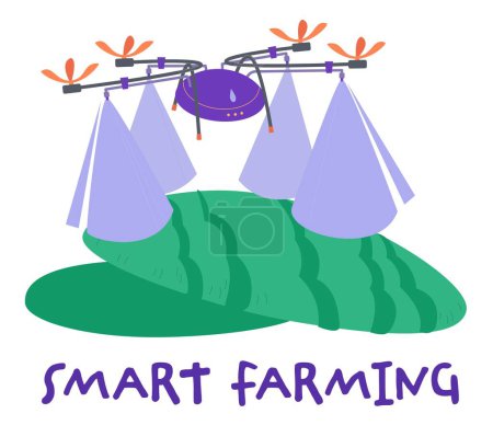 Illustration for Smart farming with agricultural robot controlling the process. Innovation technology in agriculture. Robots assisting farmers. High tech agro company background. Editable isolated vector illustration - Royalty Free Image