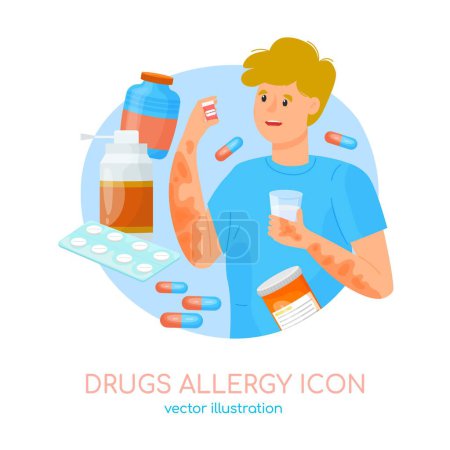 Téléchargez les illustrations : Types of allergy. Allergies caused by certain drugs. Immune system reaction. Abnormal body response. Creative medical icon in cartoon style. Editable vector illustration isolated on white background. - en licence libre de droit