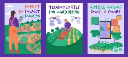 Illustration for Smart farming with agricultural application controlling the process. Innovation in agriculture. Technology assisting farmers. High tech agro company background. Editable isolated vector illustration - Royalty Free Image