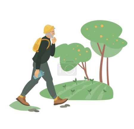 Téléchargez les illustrations : Old man hiking. Everyday sport for active seniors. Physical activity in every age concept. Health, fitness, wellbeing. Editable vector illustration in trendy style isolated on transparent background - en licence libre de droit