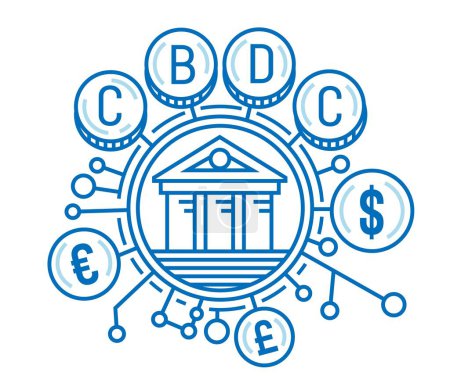 Illustration for Central Bank Digital Currency. New form of money that exists only in digital form. Widely accessible digital coins. Linear sign, symbol, pictogram. Editable vector illustration. Graphic design - Royalty Free Image