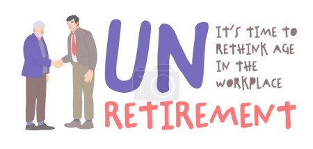 Ilustración de The unretirement uprising. Hiring process. Old man has a new job. New trend in recruiting people. Editable vector illustration in flat style isolated on a white background. Graphic design. - Imagen libre de derechos