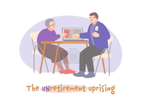 Ilustración de The unretirement uprising. Hiring process. Old woman at job interview. New trend in recruiting people. Editable vector illustration in flat style isolated on a transparent background. Graphic design. - Imagen libre de derechos