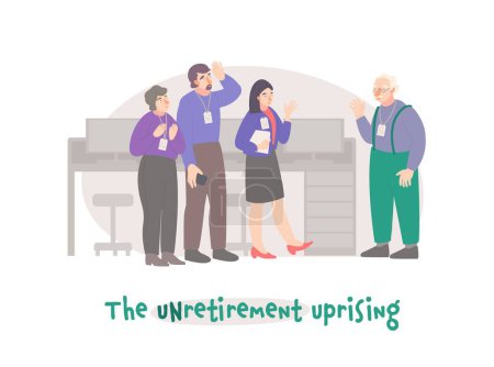Ilustración de The unretirement uprising. Welcome to the team. Old man has a new job. New trend in recruiting people. Editable vector illustration in flat style isolated on a white background. Graphic design. - Imagen libre de derechos