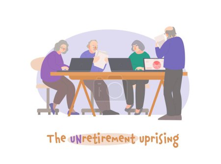 Ilustración de The unretirement uprising. Working in a team of old people. Staff of a certain age. New trend in recruiting people. Editable vector illustration in flat style isolated on a white background. Graphic - Imagen libre de derechos