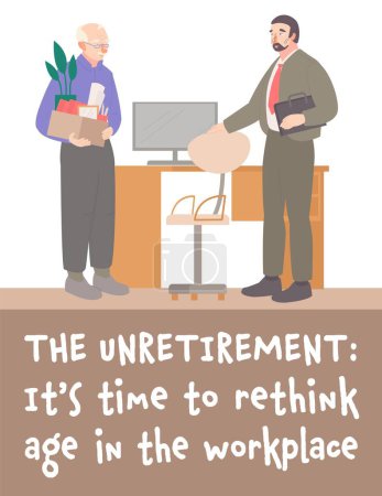 Ilustración de The unretirement uprising. Welcome to the team. Old man has a new job. New trend in recruiting people. Editable vector illustration in flat style isolated on a white background. Graphic design. - Imagen libre de derechos