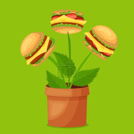 Téléchargez les illustrations : Plant based protein concept. Vegetarian hamburger. Healthy natural vegan food. Graphic design. Editable vector illustration in cartoon style isolated on a bright green background. - en licence libre de droit