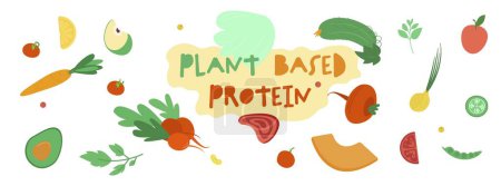 Téléchargez les illustrations : Plant based protein concept. Healthy natural vegan and vegetarian food. Graphic design. Landscape banner. Editable vector illustration in cartoon style isolated on a white background. - en licence libre de droit